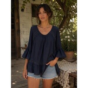 Giulia Boho Silk Peplum Tunic Dark Blue Sheer Bell Sleeve Size Small Crochet